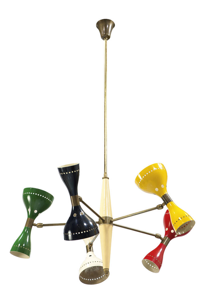 PRODUZIONE ITALIANA - Lampada a sospensione in ottone con elementi orientabili in lamiera laccata.