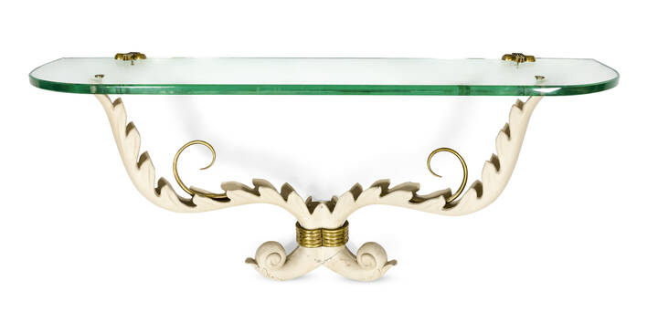 PAOLO BUFFA - Console con struttura in ghisa laccata, ottone e piano in vetro di forte spessore.