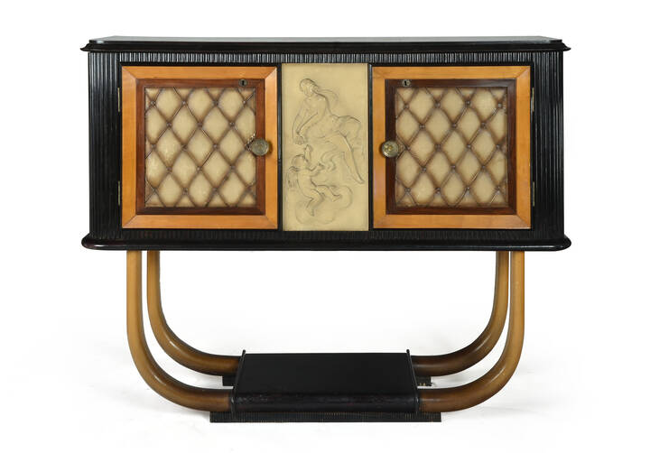 PRODUZIONE ITALIANA - Mobile bar in legno chiaro e legno ebanizzato,