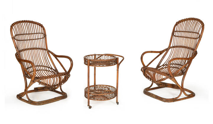 PRODUZIONE ITALIANA - Coppia di poltroncine e carrellino in bamboo 