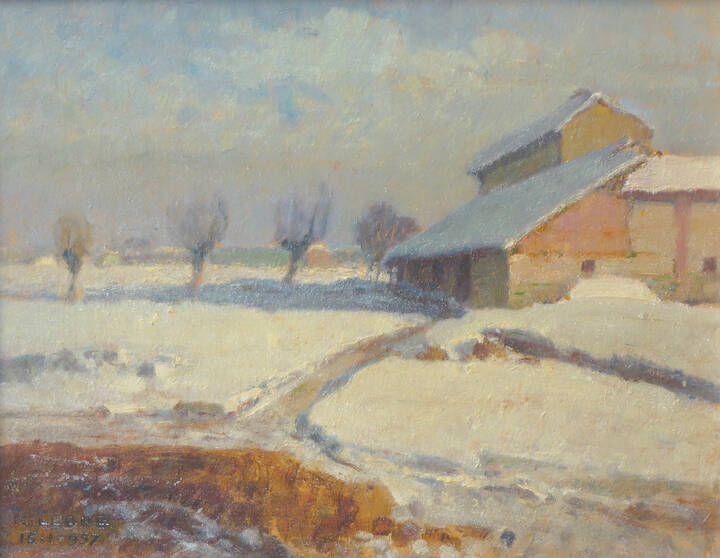 ROBERTO LEONE - 'Paesaggio invernale con case' 1957