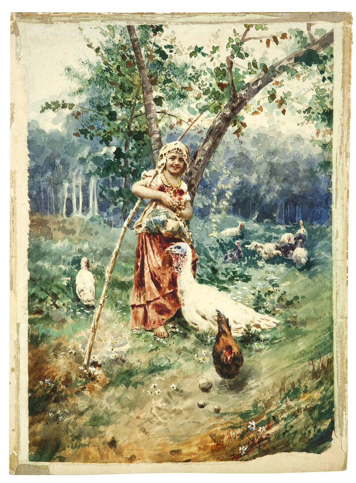PITTORE ANONIMO FINE XIX SECOLO - 'Contadinella con tacchini'