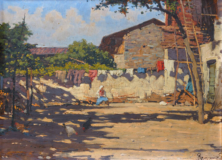 ENRICO REYCEND - 'Cortile di cascina con figure'
