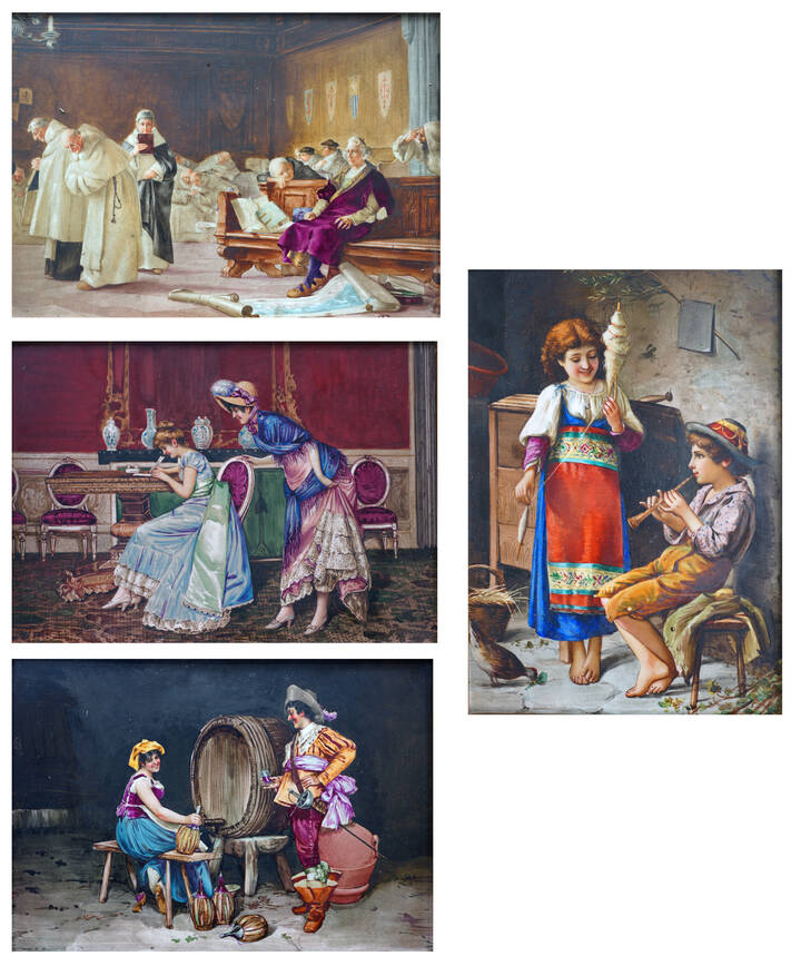 LOTTO DI QUATTRO PLACCHE IN CERAMICA DIPINTA - 'La bella cantiniera'<br>'Due piccoli omini'<br>'Curiosità'<br>'Monaci'