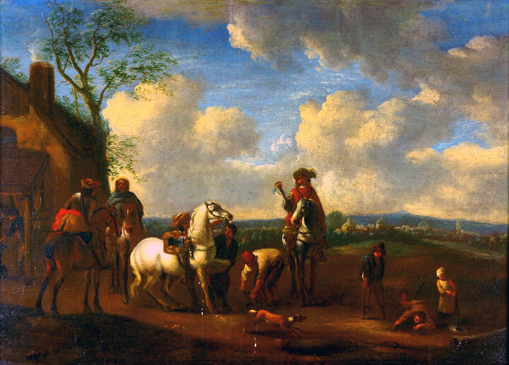 PITTORE ANONIMO - 'Cavalieri in sosta'