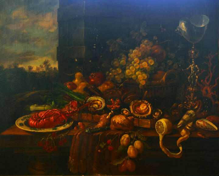 PITTORE ANONIMO DEL XVII SECOLO  - 'Natura morta con paesaggio'