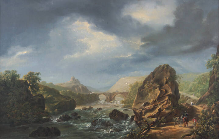 PITTORE ANONIMO DEL XIX SECOLO - 'Paesaggio con fiume e cavalieri'