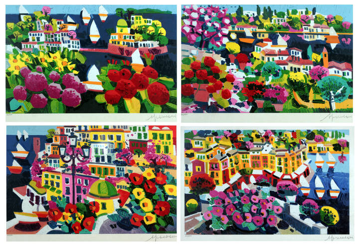 ATHOS FACCINCANI - Lotto di quattro serigrafie<br>A - Portofino, es. 41/150<br>B - Ischia, es. 60/150<br>C - Capri, es. 42/150<br>D - Positano, es. 42/150