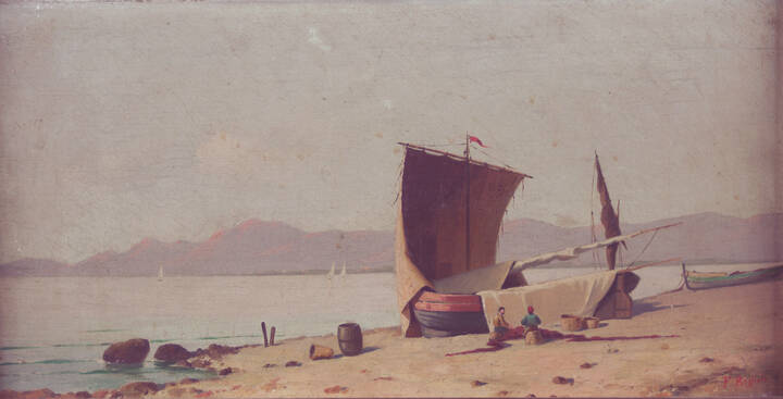 FORTUNATO BOGLIOLO - 'Spiaggia con barche e pescatori'