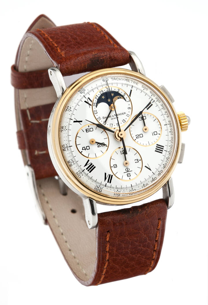 BAUME & MERCIER - Cronografo a tre contatori con fasi lunari, ref. 6102, anni '90