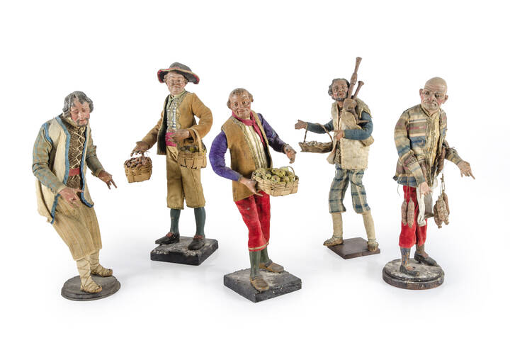 PRESEPE - Cinque pastori da presepe napoletani in terracotta, XVIII sec. H. cm 30 ca