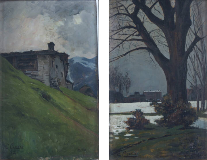 CLEMENTE CROVA DI VAGLIO - Dittico<br>'Paesaggio di montagna' 1882<br>'Torino sotto la neve' 16/03/1883