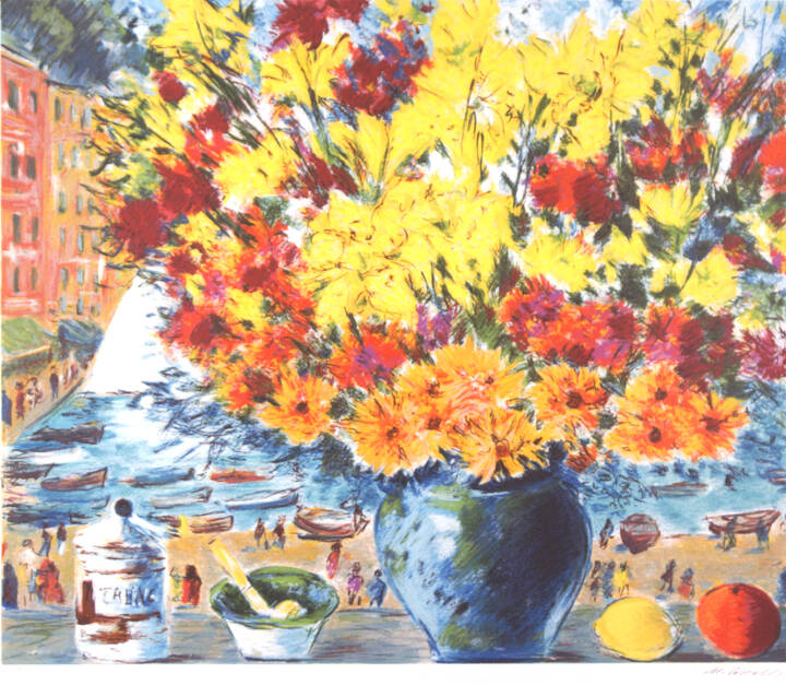 MICHELE CASCELLA - 'Grande vaso di fiori con veduta di Portofino'