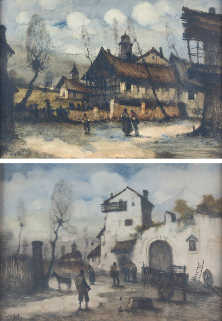 LUCIO CARGNEL - 'Coppia di dipinti raffiguranti contadini nell'aia'