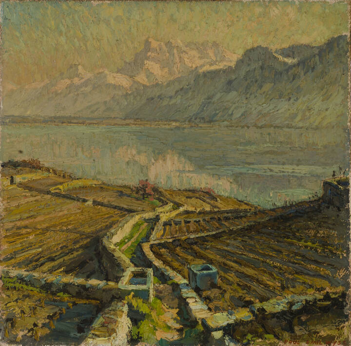 PAUL-EMILE WYSS - 'Veduta del lago di Ginevra (versante fronte des Dents du Midi)'