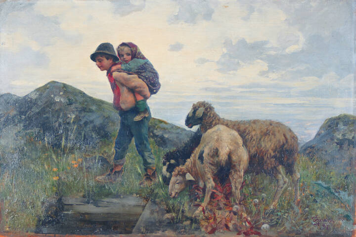 SERAFINO GRASSI - 'Bimbi in montagna con le loro pecore' 1896