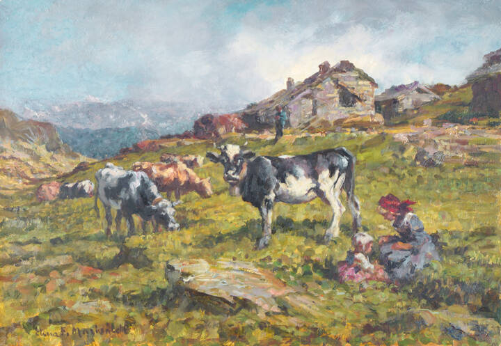 ELENA MARISALDI FALCO - 'Bimbe con le vacche al pascolo in alta montagna'