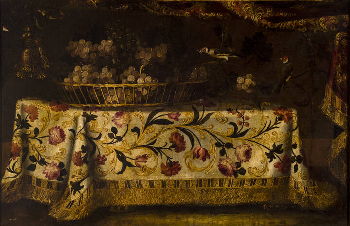 PITTORE ANONIMO DEL XVII SECOLO  - 'Natura morta con uva e uccellini'