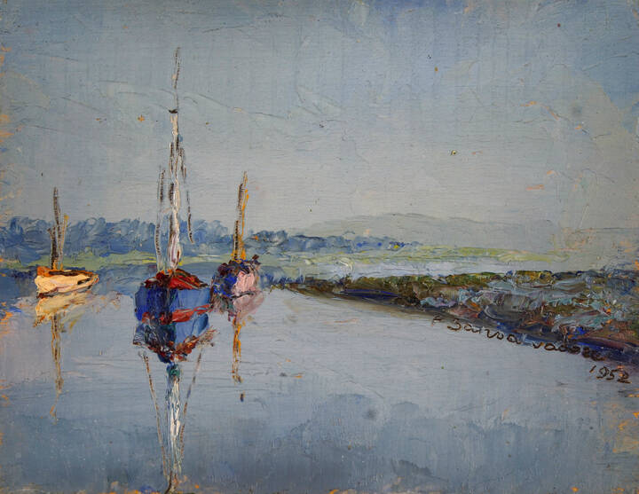 PIERO SANSALVADORE - 'Boats at Boshain' Sussex 1952