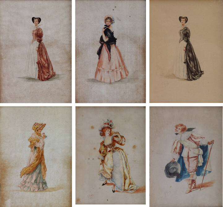 FRANCESCO GONIN - Lotto di sei acquerelli (figure di dame e cavalieri)<br>