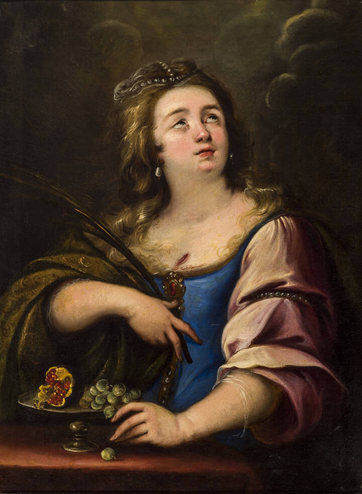 PITTORE ANONIMO DEL XVIII SECOLO - 'Ritratto con piuma e frutta'