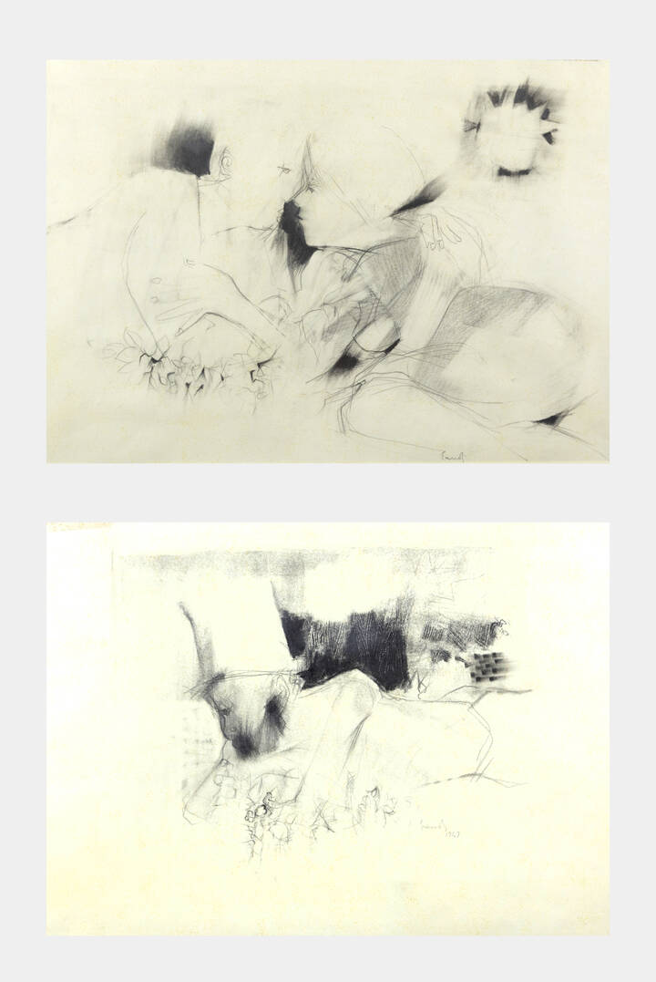 FERNANDO EANDI - Coppia di disegni:<br>'Amanti'<br>'Figura con cappello' 1969