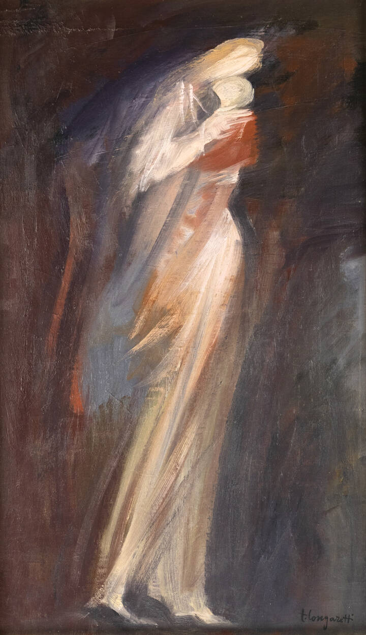 TRENTO LONGARETTI - 'Donna con bambino in cammino su fondi bruni' 1966