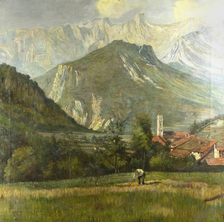 PITTORE ANONIMO DEL XX SECOLO - 'Lavoro nei campi in montagna'