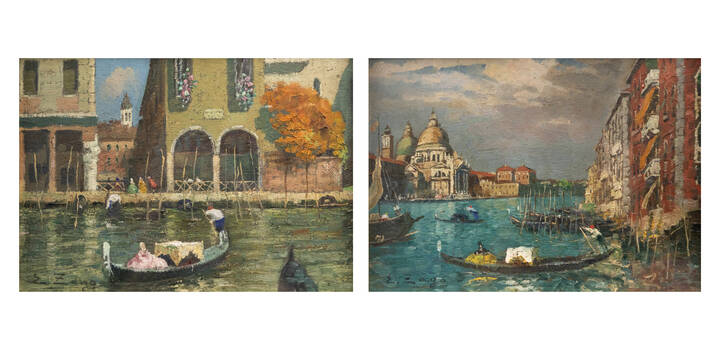 ERMA ZAGO - 'Coppia di vedute veneziane con gondole'<br>
