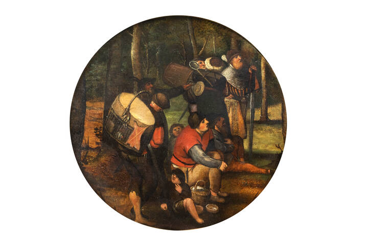 SCUOLA FIAMMINGA, CERCHIA DI / SEGUACE DI PIETER BRUEGHEL IL GIOVANE  - Frammento di una 'Predica di S. Giovanni Battista' o 'Suonatori di tamburi, soldati, contadini e mercanti ambulanti al margine di un bosco'