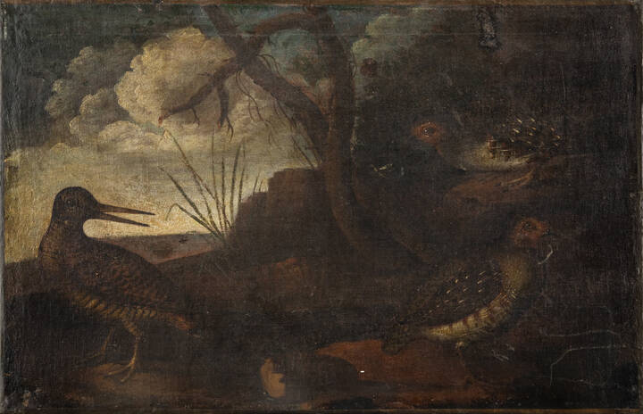 PITTORE ANONIMO - 'Paesaggio con quaglie' XVII secolo