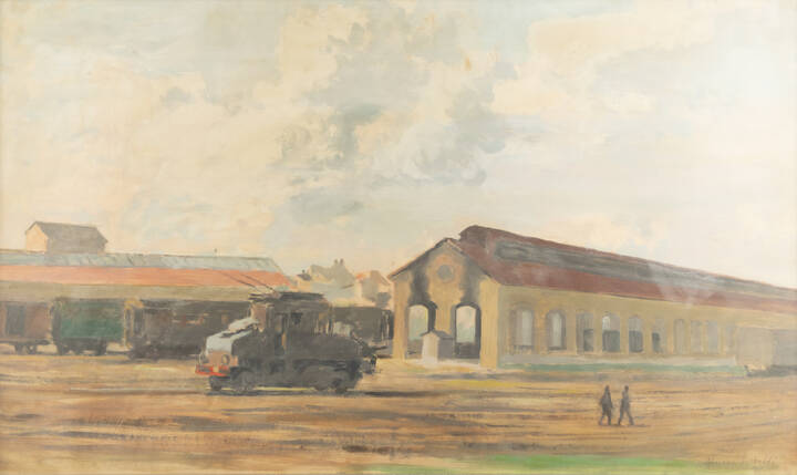 ADRIANO SICBALDI - 'Paesaggio con locomotive' 1941