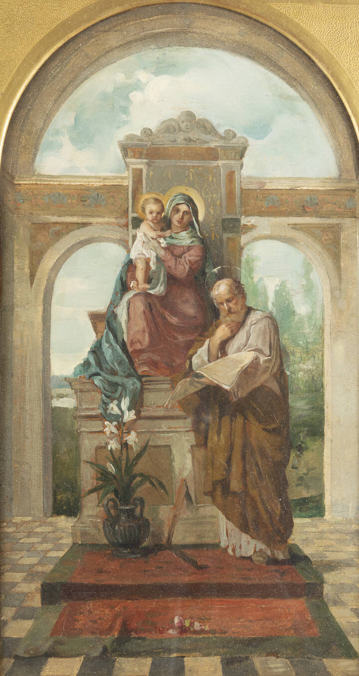 PITTORE ANONIMO - 'Madonna con Bambino e Santo' XIX secolo
