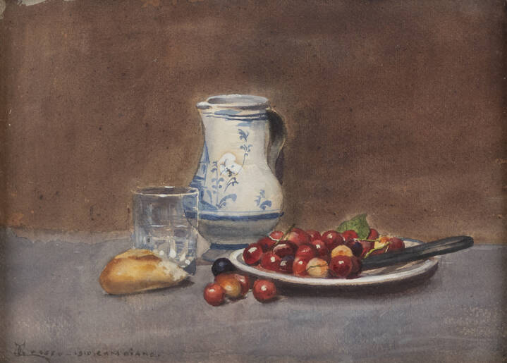 GIACOMO GROSSO - ' Natura morta con brocca, ciliege e pane' 1910- Cambiano