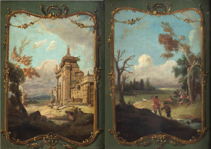 ENRICO GAMBA - a-'Veduta con architettura e figura'<br>b-'Alla caccia'