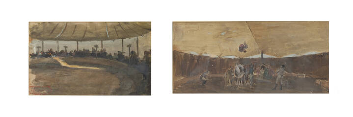 GIOVANNI BATTISTA QUADRONE - a-'Veduta del palco del circo con spettatori'<br>b-'Circensi'