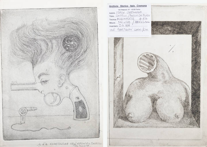 ITALO CREMONA - Doppia acquaforte (fronte e retro): <br>'Capelli', 1969 / 'Bocca da fuoco', 1971