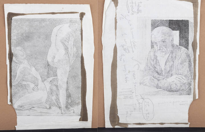 ITALO CREMONA - Doppia acquaforte (fronte e retro): <br>'Autoritratto', 1968 / 'Bagnanti', 1963 