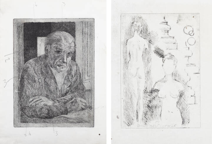 ITALO CREMONA - Doppia acquaforte (fronte e retro): <br>'Autoritratto', 1968 / 'Prova scherzosa', 1963