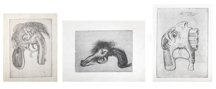 ITALO CREMONA - Lotto di tre acquaforti:<br>A. 'Bocca a tre canne' 1970<br>B. 'Personaggio I', 1970<br>C. 'Pistola capelluta' 1969 