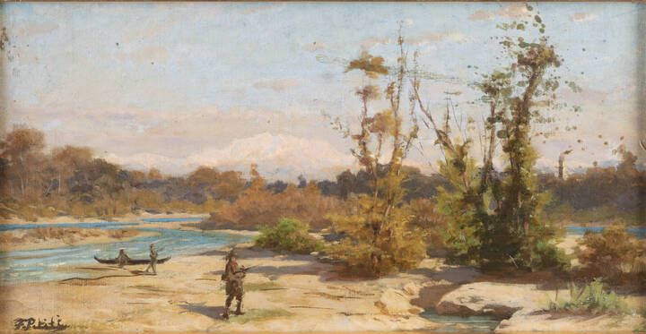 FILIBERTO PETITI - 'Paesaggio lacustre con cacciatori'