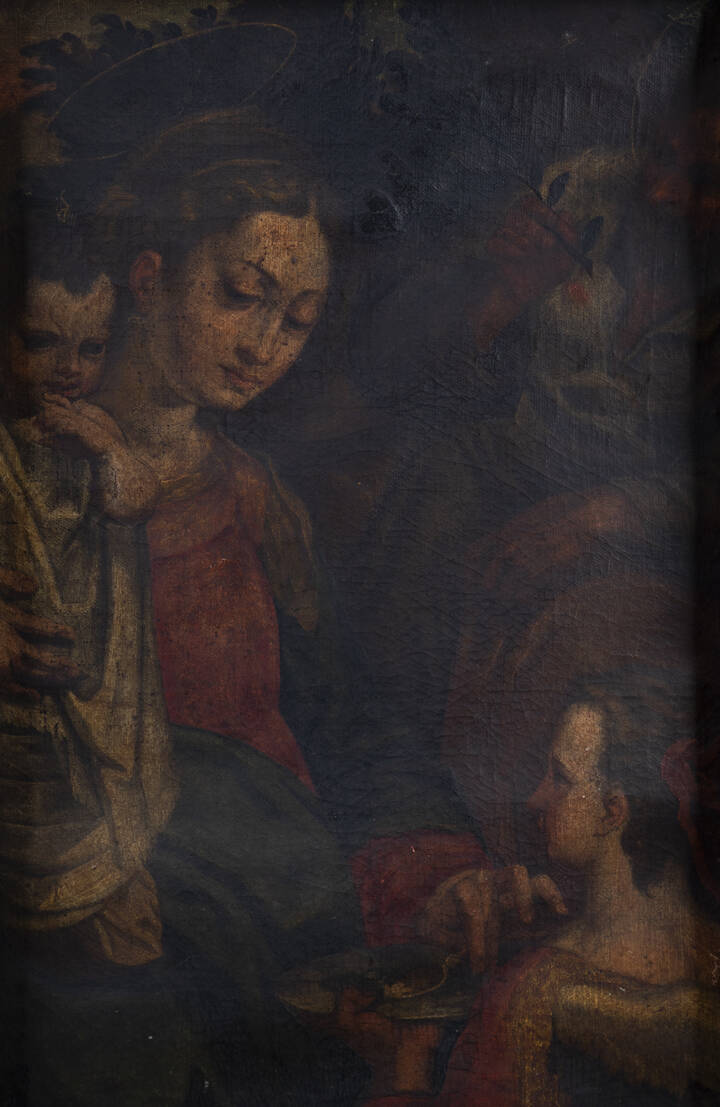 PITTORE ANONIMO - 'Madonna con bambino, San Giuseppe e ancella' XVII sec