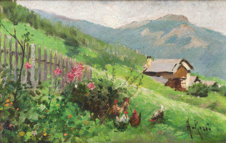 ALBERTO ROSSI - 'Paesaggio con baita e galline'