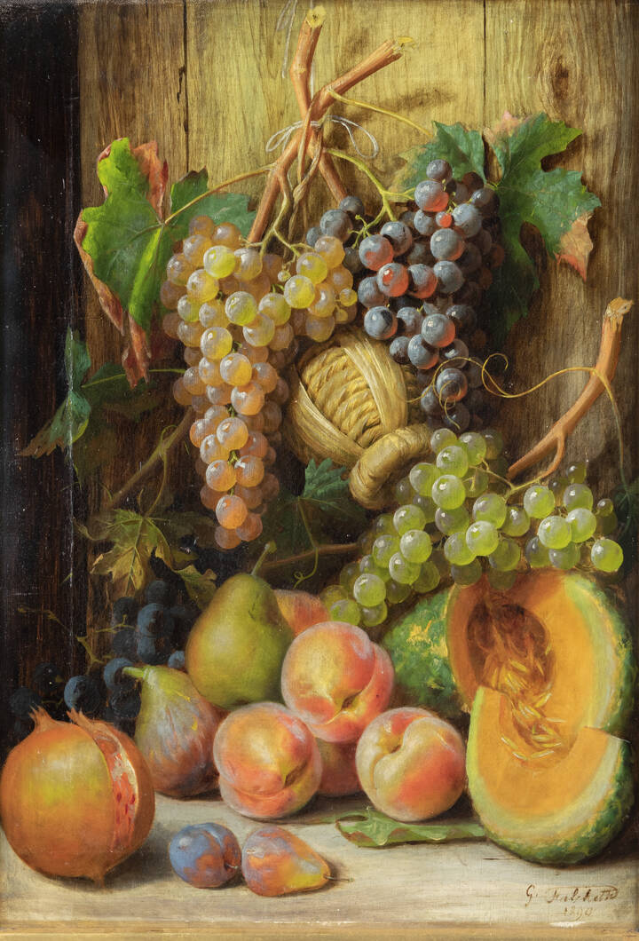 GIUSEPPE FALCHETTI - 'Natura morta con pesche, uva, melone e fiasco' 1890