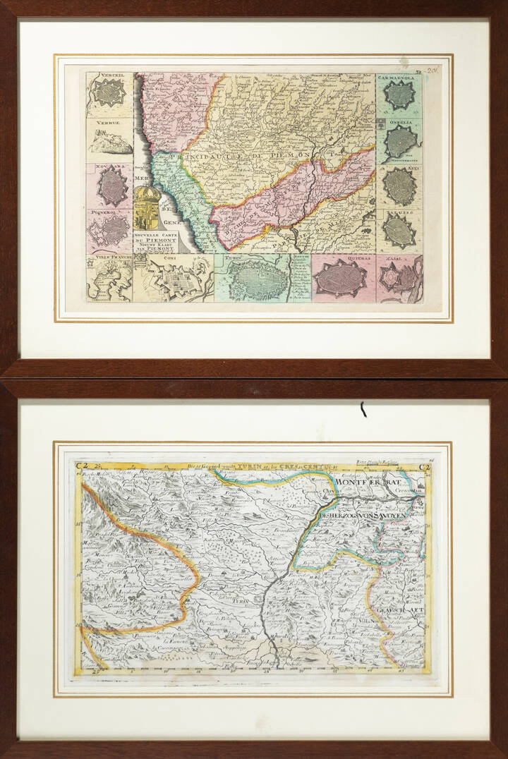 SCUOLA OLANDESE - 'Nouvelle carte di Piemont' 1700 circa<br>'Die Gegend von Turin bis Crescentin'