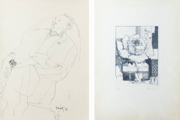 FERNANDO EANDI - a) 'Vaso con rosa'<br>b) 'Figura' 1965