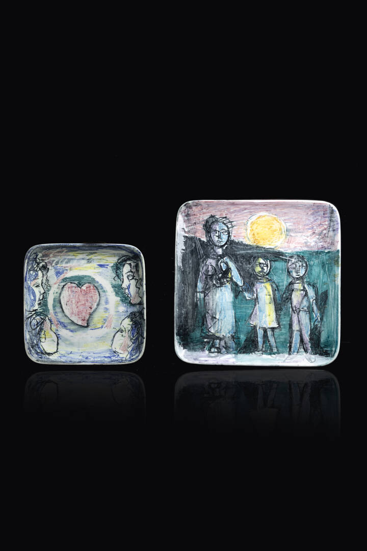 KODRA IBRAHIM (Attribuito) - a) 'Tre figure' 1965<br>b) 'Quattro volti e un cuore'