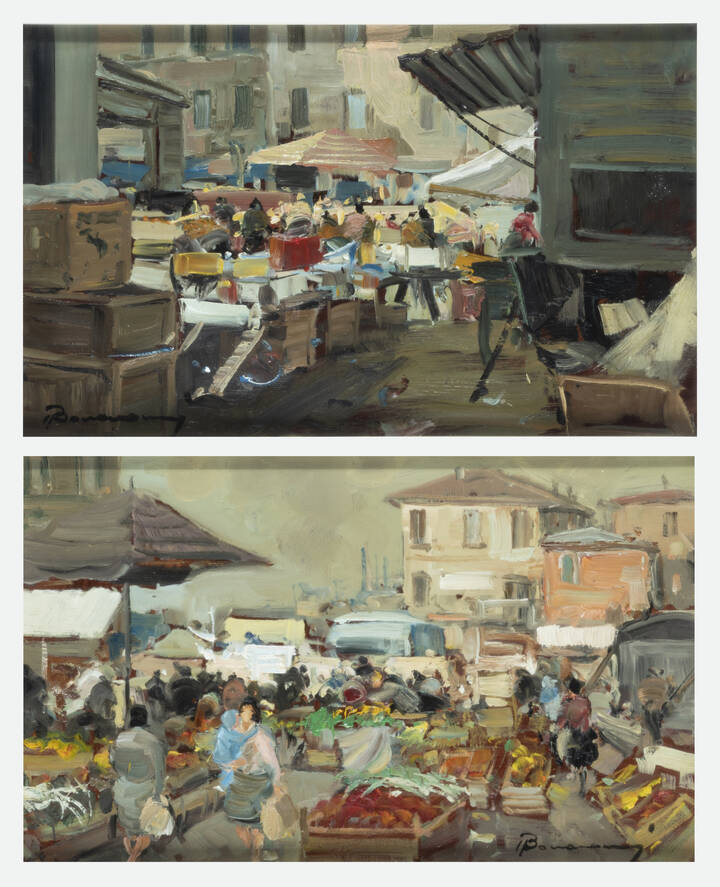 ARTURO BONANOMI - 'Coppia di dipinti con vedute di mercati'