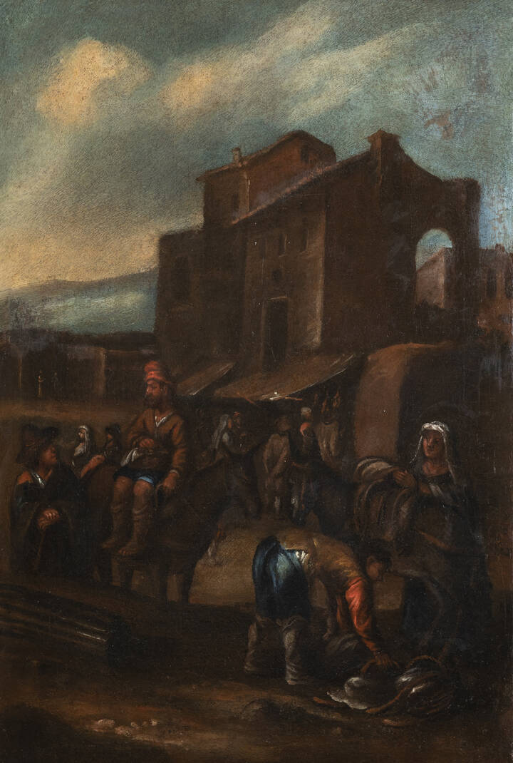 PITTORE ANONIMO DEL XVIII SECOLO - 'Scena di mercato'<br>
