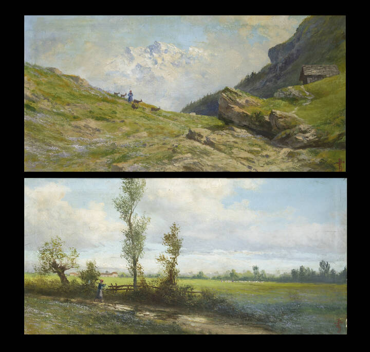 GIACINTO BO - a-'Paesaggio' <br>b-'Paesaggio con baite e contadina'